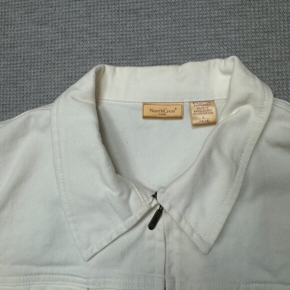 NorthCrest Womens White Full Zip Denim Jacket Long Sleeve Chest Pockets Sz Large - Picture 9 of 16